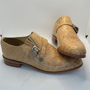 Justin tooled leather Oxford shoes western tan floral Cowboy Mexico boho hippie